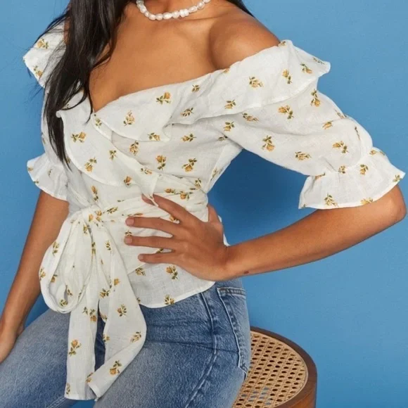 Reformation Wolfgang Off The Shoulder Linen Wrap Top with Yellow Roses - Picture 2 of 7